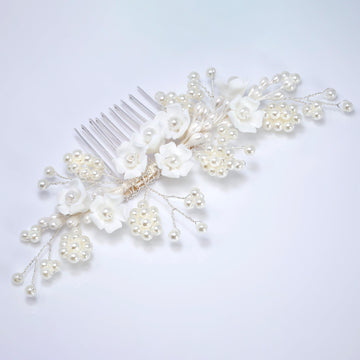 Ceramic White flower In Faux Pearly Garden Hair comb, Bridal Hair piece, Bridal Hair Accessories, Wedding Hair Accessory.